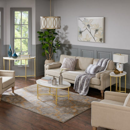 White marble console table with gold legs Bordeaux by HouseOfZazla in a modern living room on Tampa Home & Garden Store