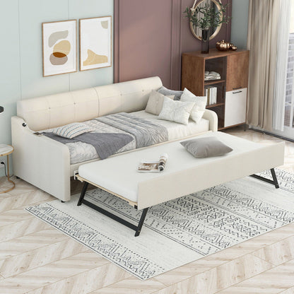 Upholstered daybed with pull-out trundle and USB charging in beige fabric by HouseOfZazla on Tampa Home & Garden Store
