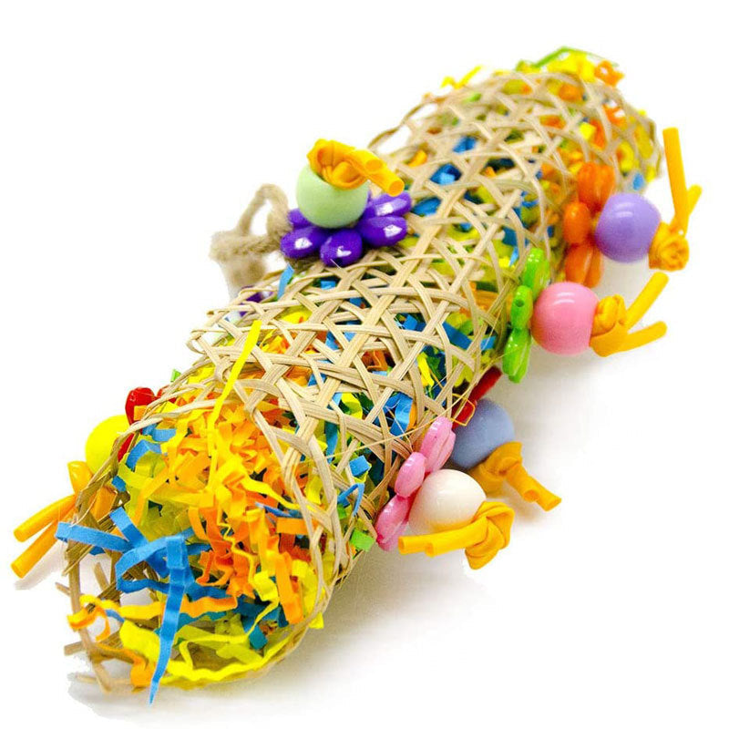 Parrot chew toy with brushed rattan lattice ball, colorful beads and paper streamers on Tampa Home & Garden Store