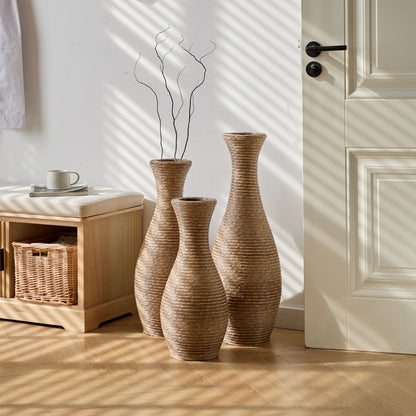 3-piece beige artificial rattan floor vase set with modern artistic style; tall woven vases on Tampa Home & Garden Store