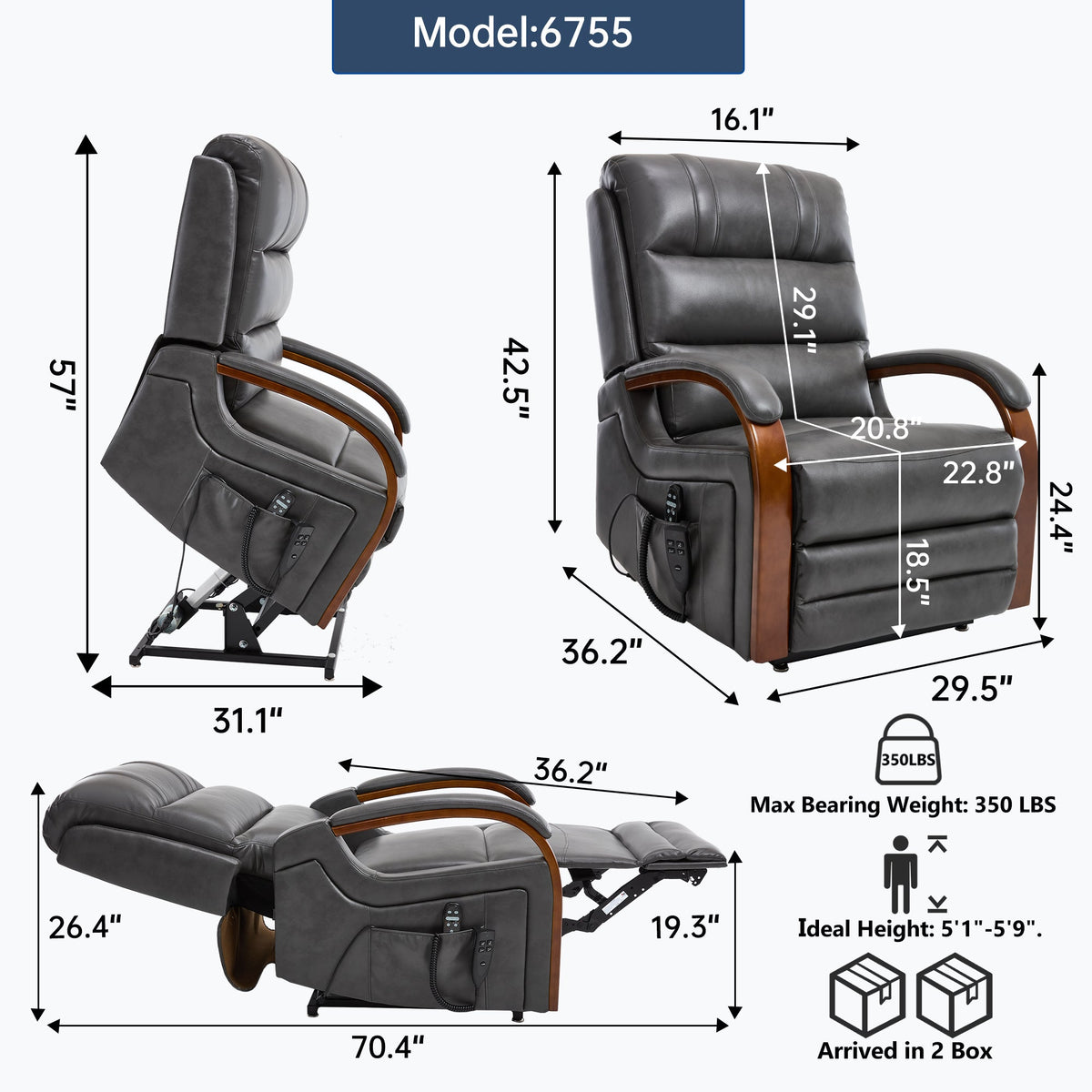 Power Dark Recliner Chair dark gray leather recliner with wooden armrests by HouseOfZazla on Tampa Home & Garden Store