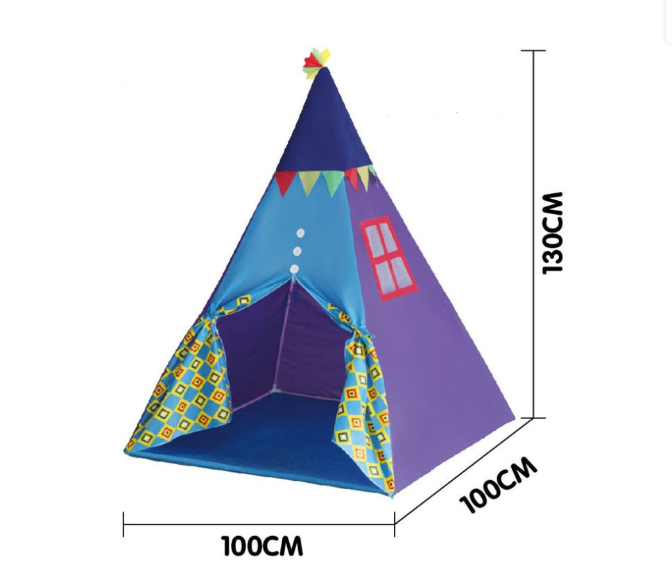 Children's tent toy teepee in blue and purple fabric with bunting 130cm tall on Tampa Home & Garden Store