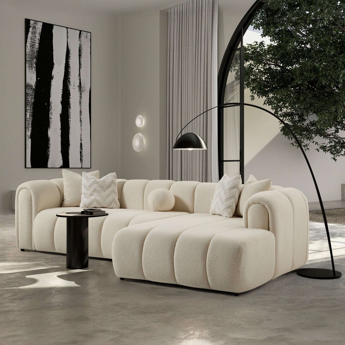 Beatrice Modern Tufted Right Sectional Sofa Ivory in plush boucle fabric with rounded arms on Tampa Home & Garden Store