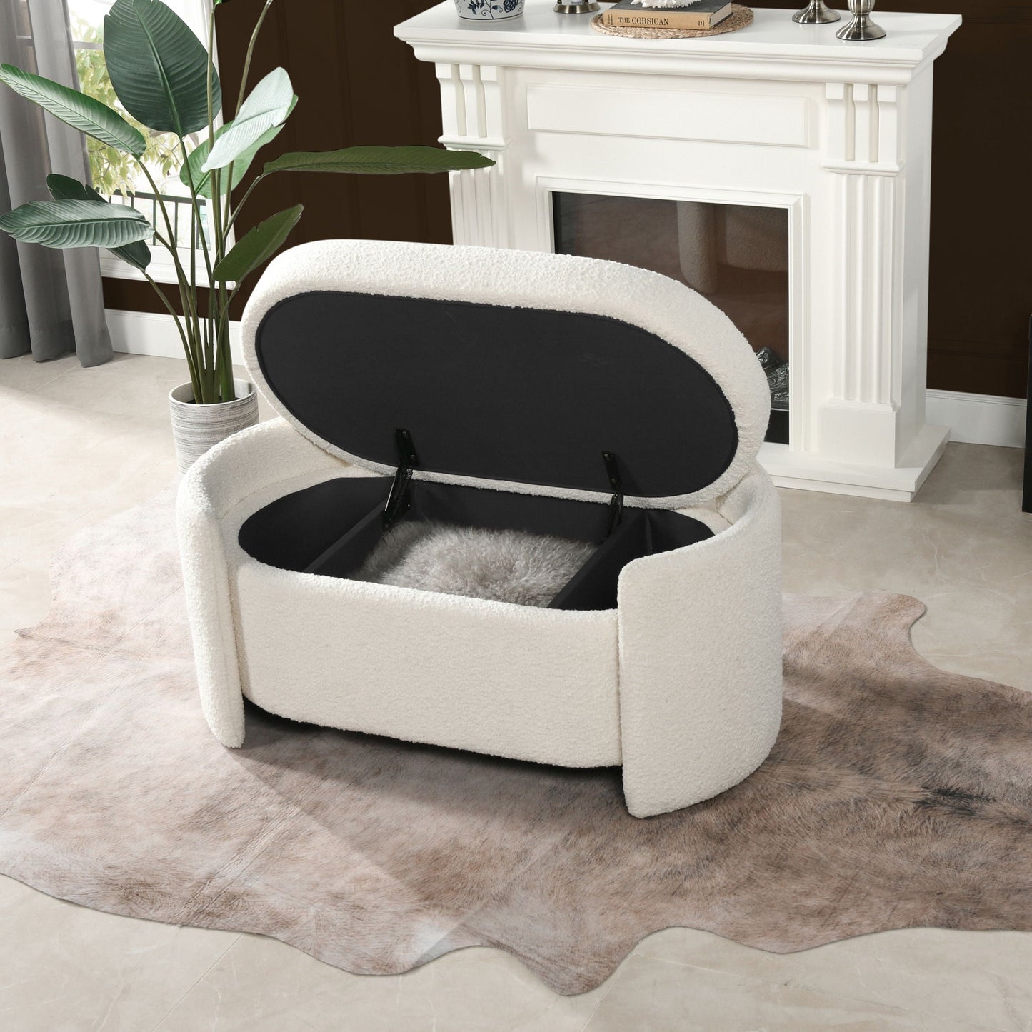 Fuji Oval Storage Bench ivory white upholstered with plush interior and lid HouseOfZazla on Tampa Home & Garden Store
