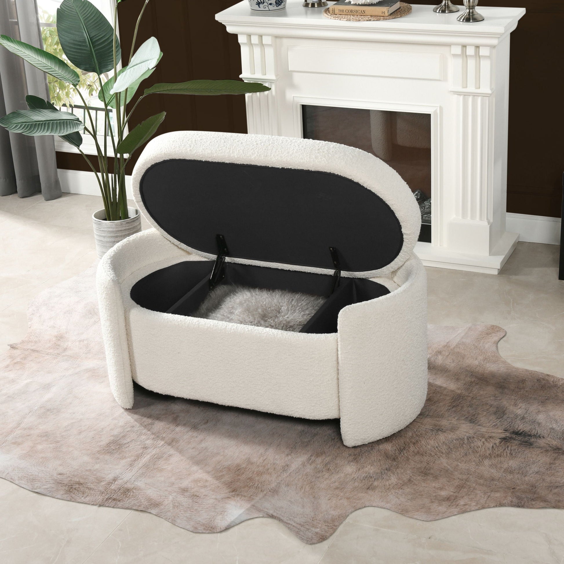 Fuji Oval Storage Bench ivory white upholstered with plush interior and lid HouseOfZazla on Tampa Home & Garden Store