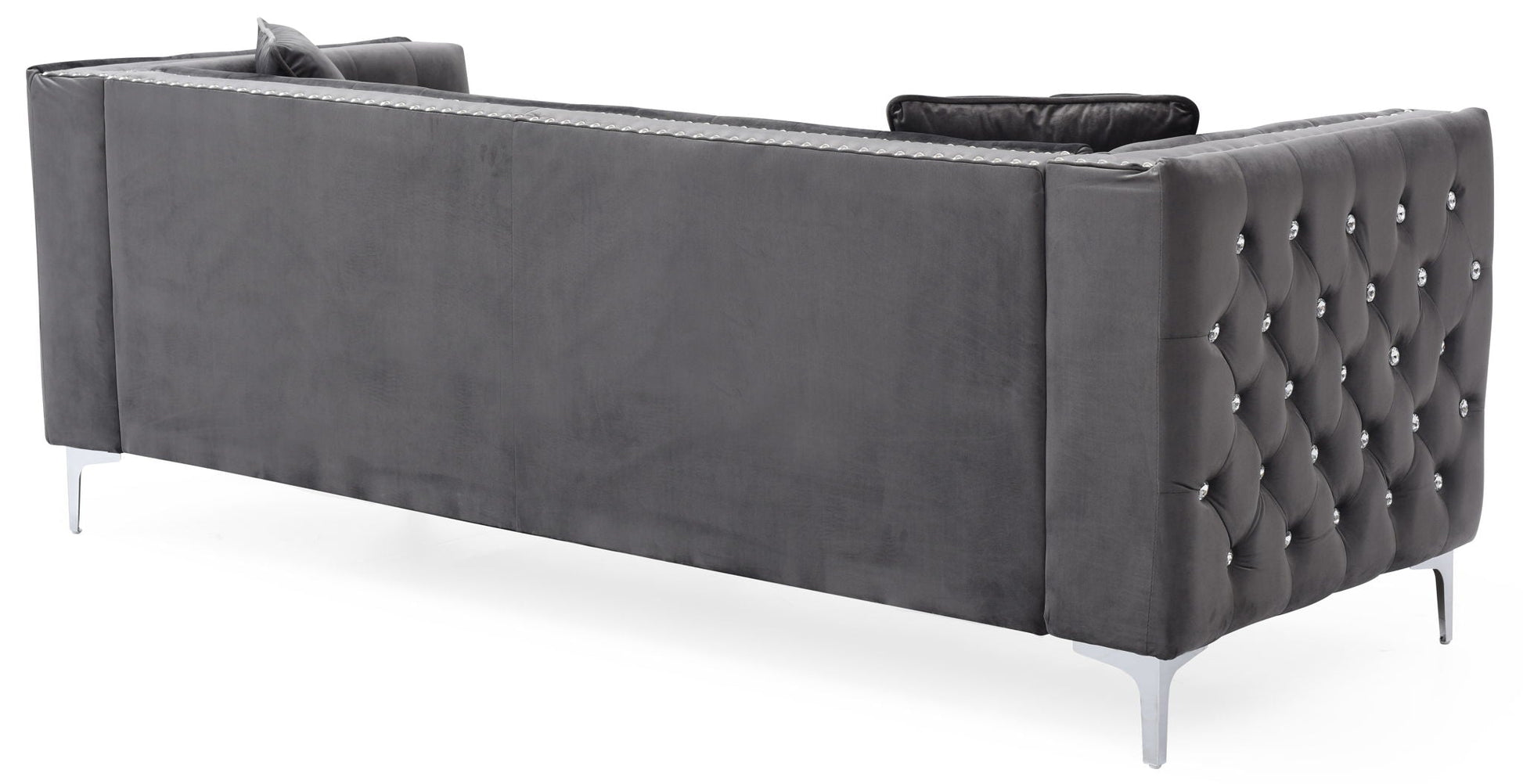 Paige sofa stationary grey velvet with tufted crystal-button right panel and chrome legs on Tampa Home & Garden Store
