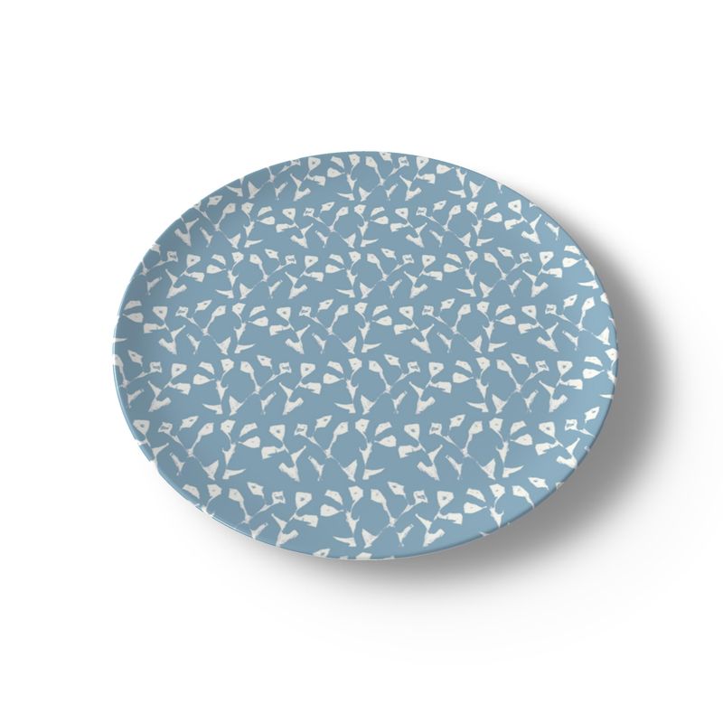 China plates set featuring holiday blue Genevieve pattern by Erin Donahue Tice on Tampa Home & Garden Store