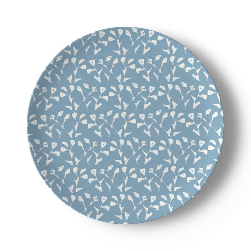 China plates Erin Donahue Tice Genevieve, blue dishes with white bird motif on Tampa Home & Garden Store