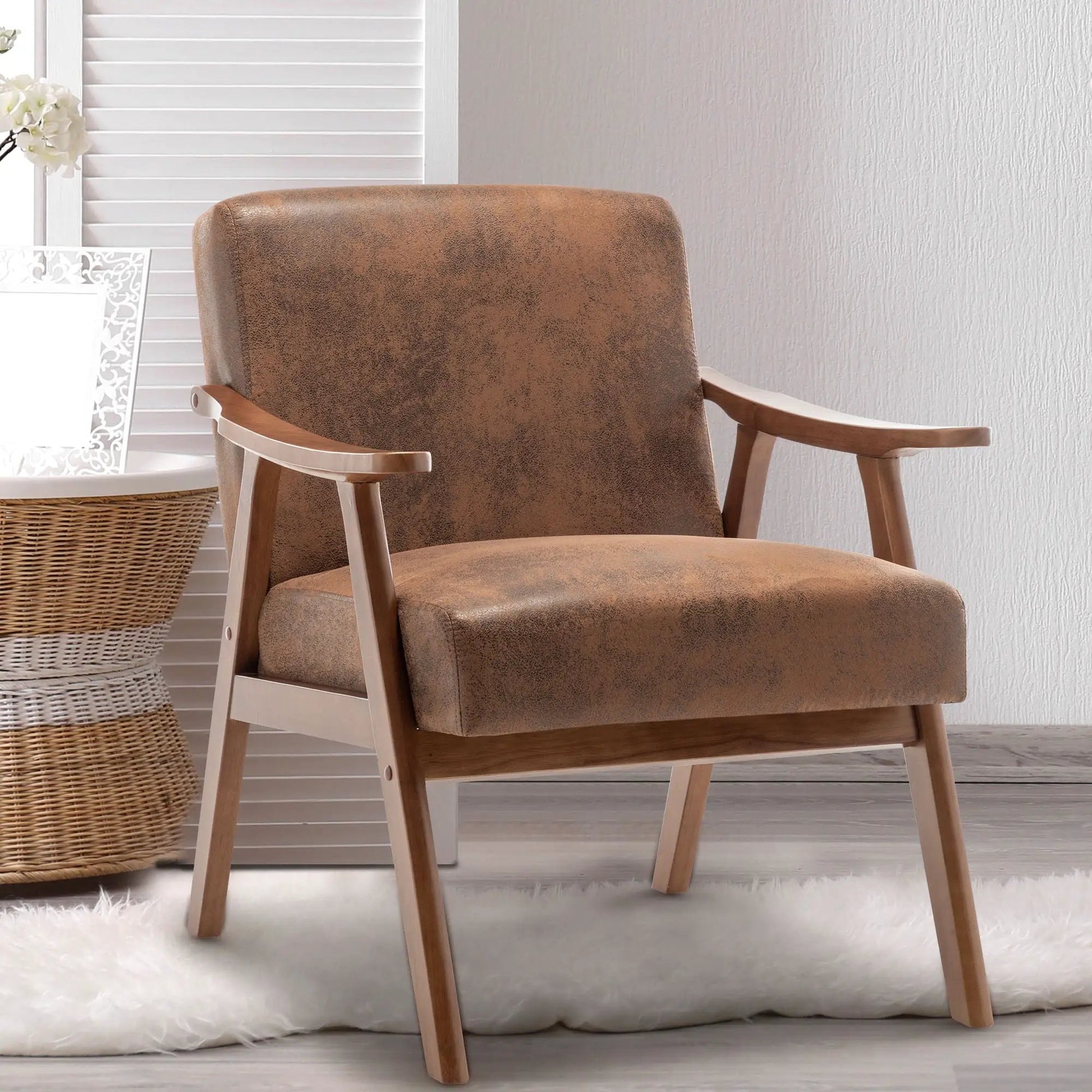 Mid Century Modern Accent Chair with solid wood frame thick backrest leatherette upholstery on Tampa Home & Garden Store