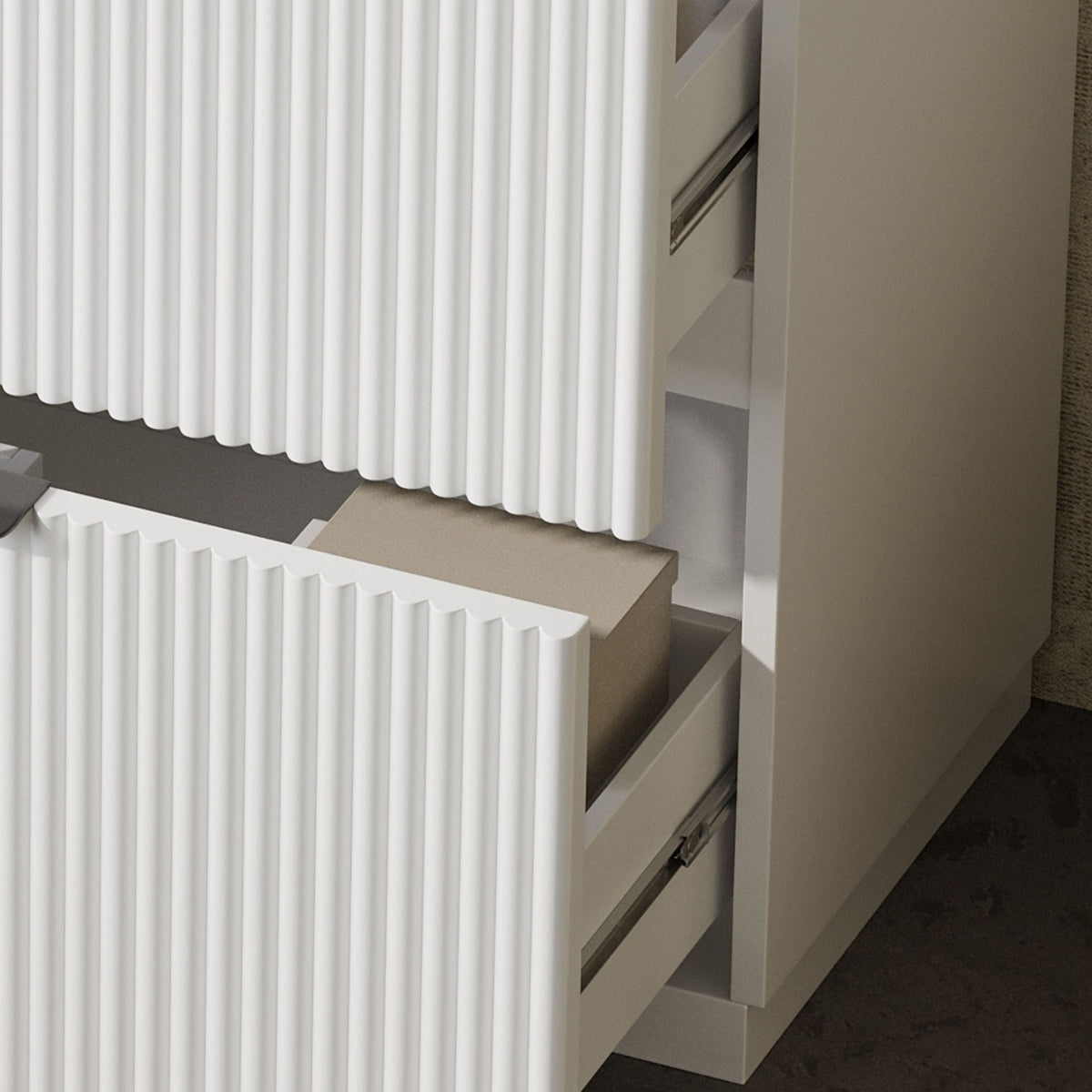 Fluted bathroom vanity with white panels and gray cabinet frame by HouseOfZazla on Tampa Home & Garden Store
