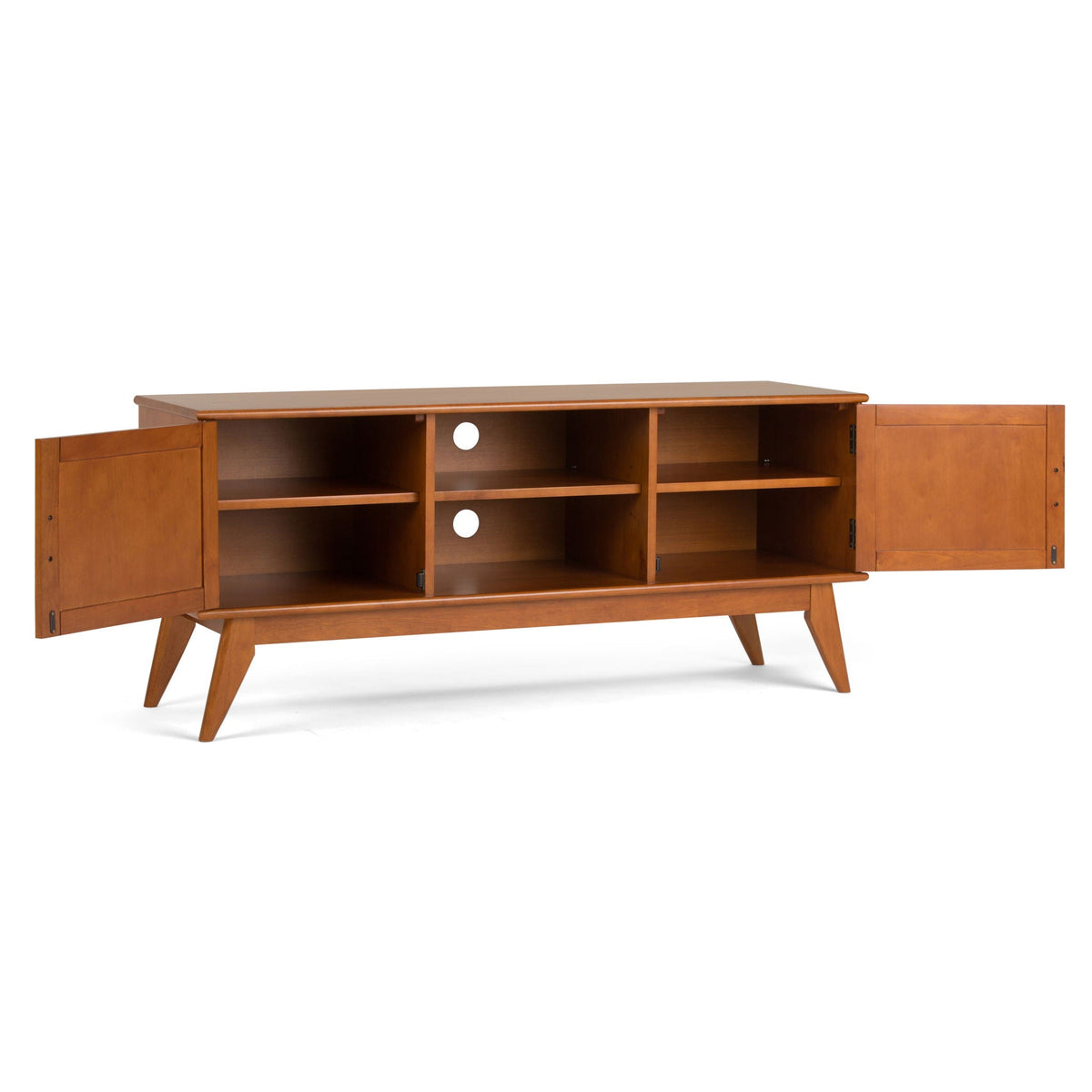 Handcrafted mid-century TV stand and storage in warm wood finish with open cubbies and side cabinets by HouseOfZazla on Tampa Home & Garden Store