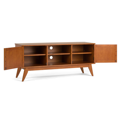 Handcrafted mid-century TV stand and storage in warm wood finish with open cubbies and side cabinets by HouseOfZazla on Tampa Home & Garden Store