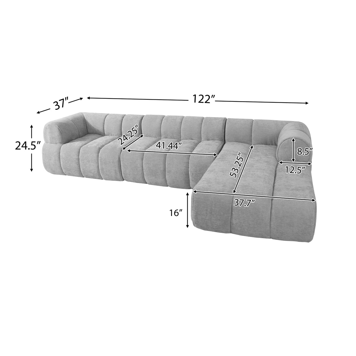 122-inch L-shaped sectional sofa HouseOfZazla with high-density foam chaise in gray fabric on Tampa Home & Garden Store