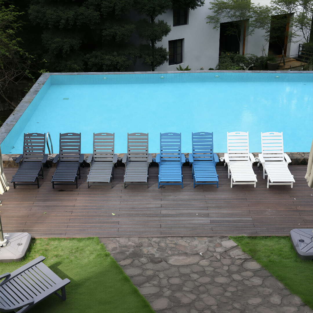 HDPE Outdoor Chaise Lounge Chairs 9 by HouseOfZazla in black gray blue and white on a pool deck on Tampa Home & Garden Store