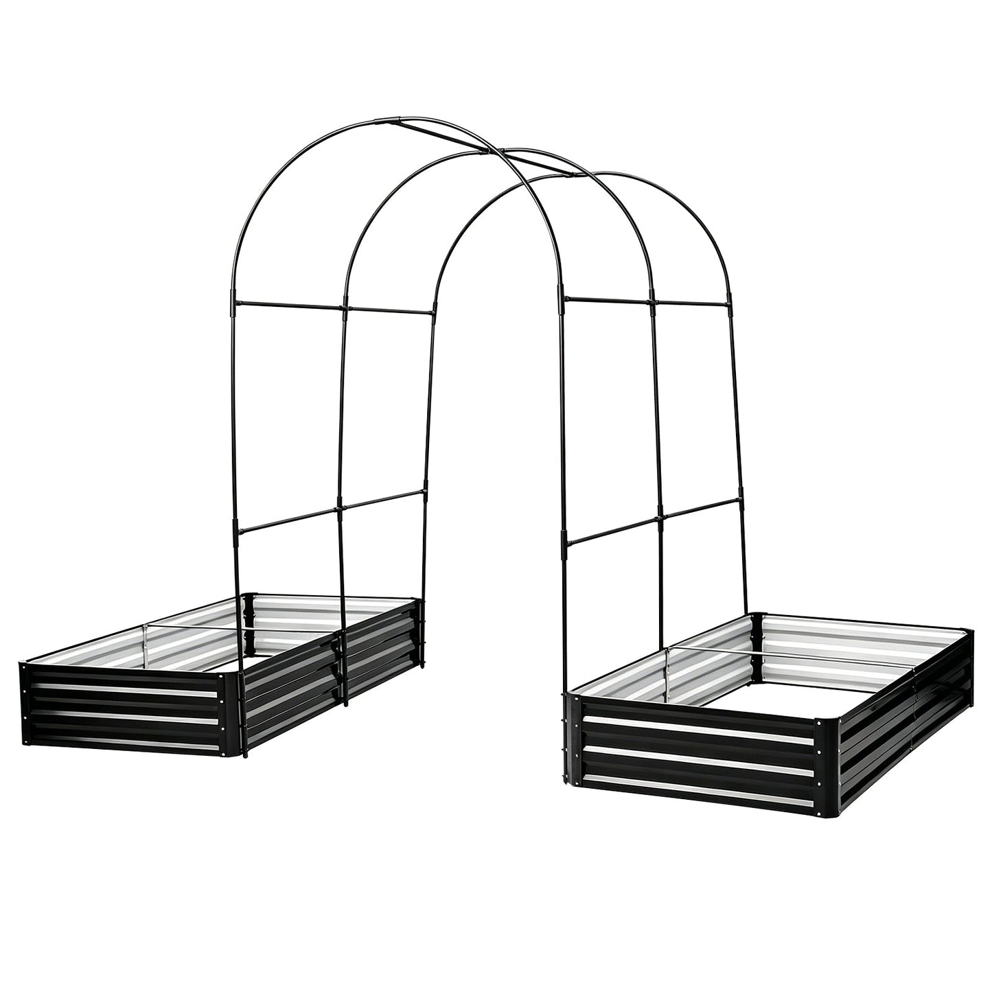 Two black metal raised garden beds with arch trellis frames and 2-pack planter boxes on Tampa Home & Garden Store