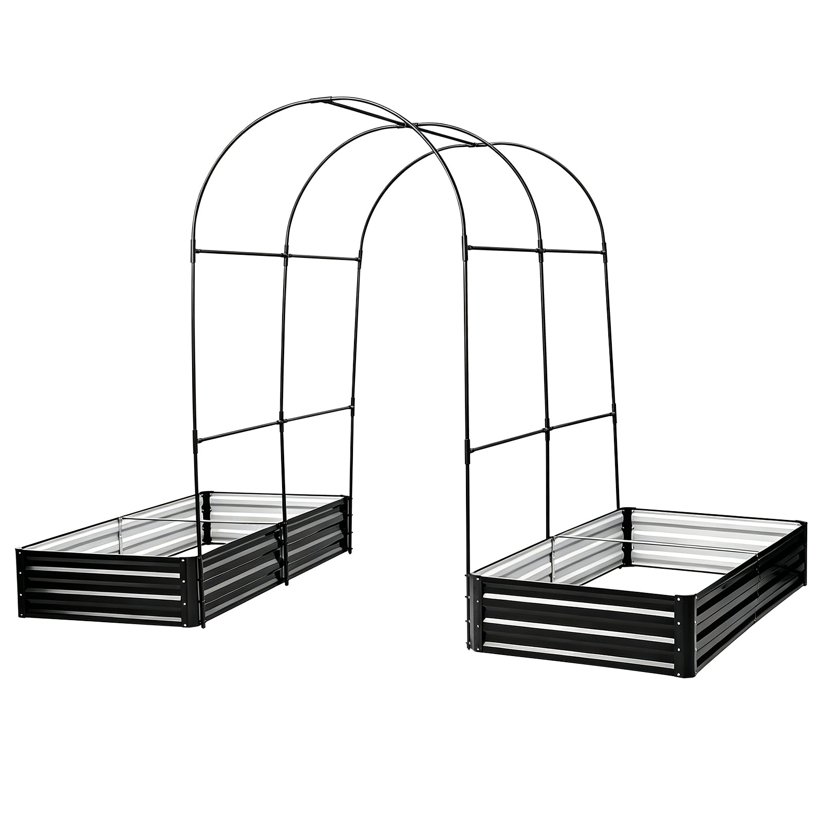 Two black metal raised garden beds with arch trellis frames and 2-pack planter boxes on Tampa Home & Garden Store