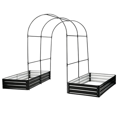 Two black metal raised garden beds with arch trellis frames and 2-pack planter boxes on Tampa Home & Garden Store