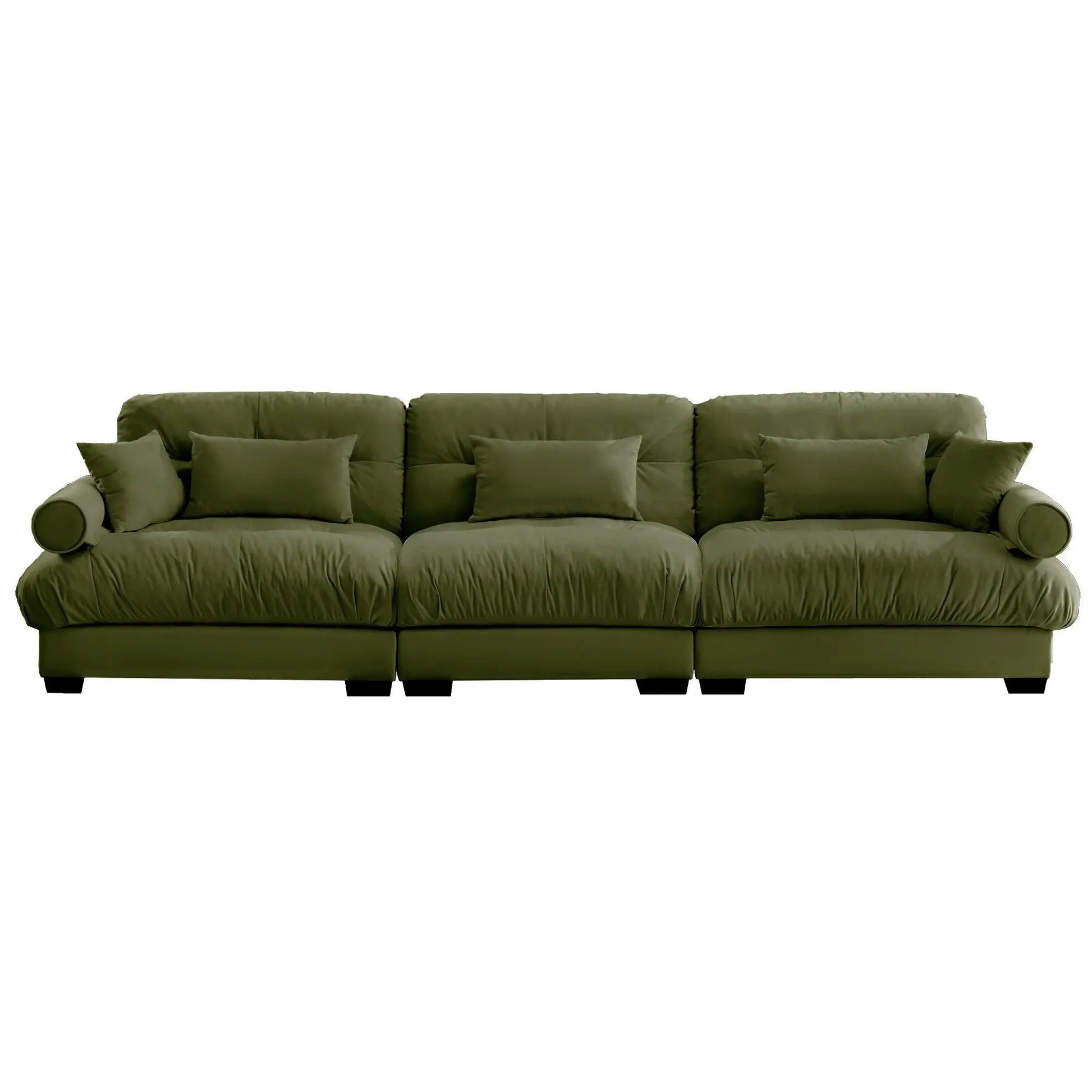 Modern sofa with bolstered armrests and pillows in olive green fabric by Unique Piece Furniture on Tampa Home & Garden Store
