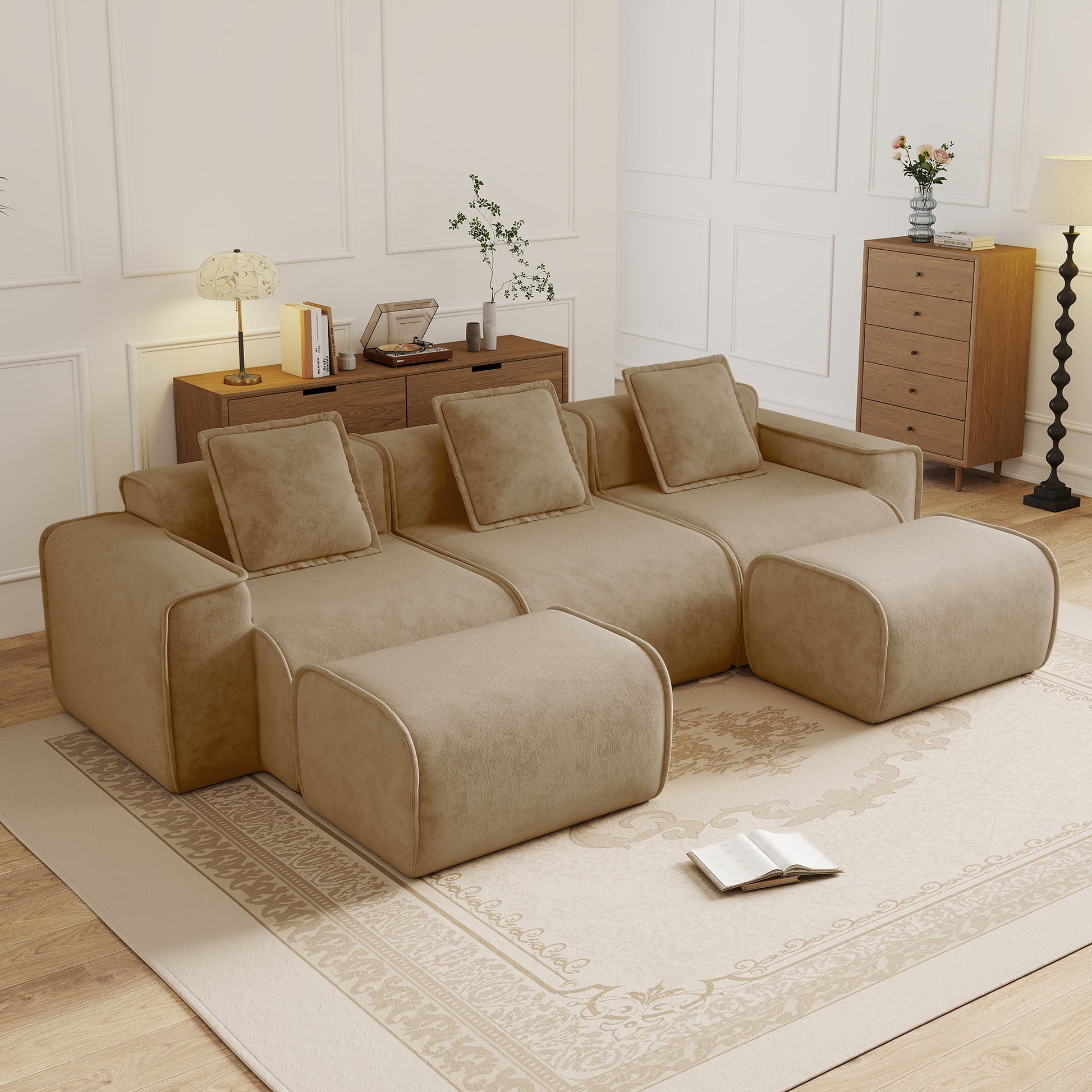 Streamlined Design modular 3-seat U-shaped boneless sofa in beige suede by HouseOfZazla on Tampa Home & Garden Store
