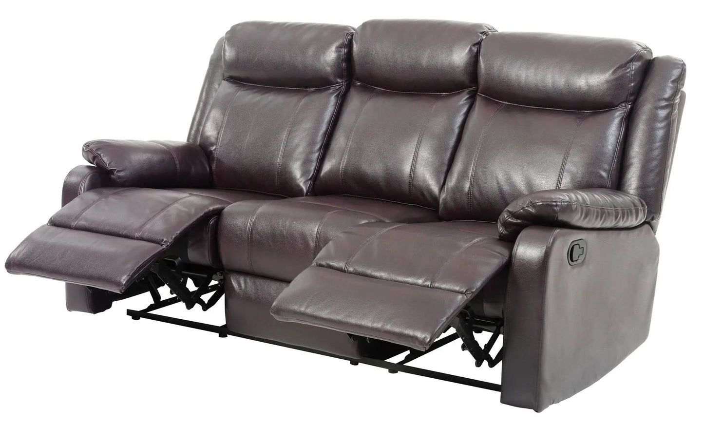 Contemporary three-seat reclining sofa in dark brown leather with extended footrests on Tampa Home & Garden Store