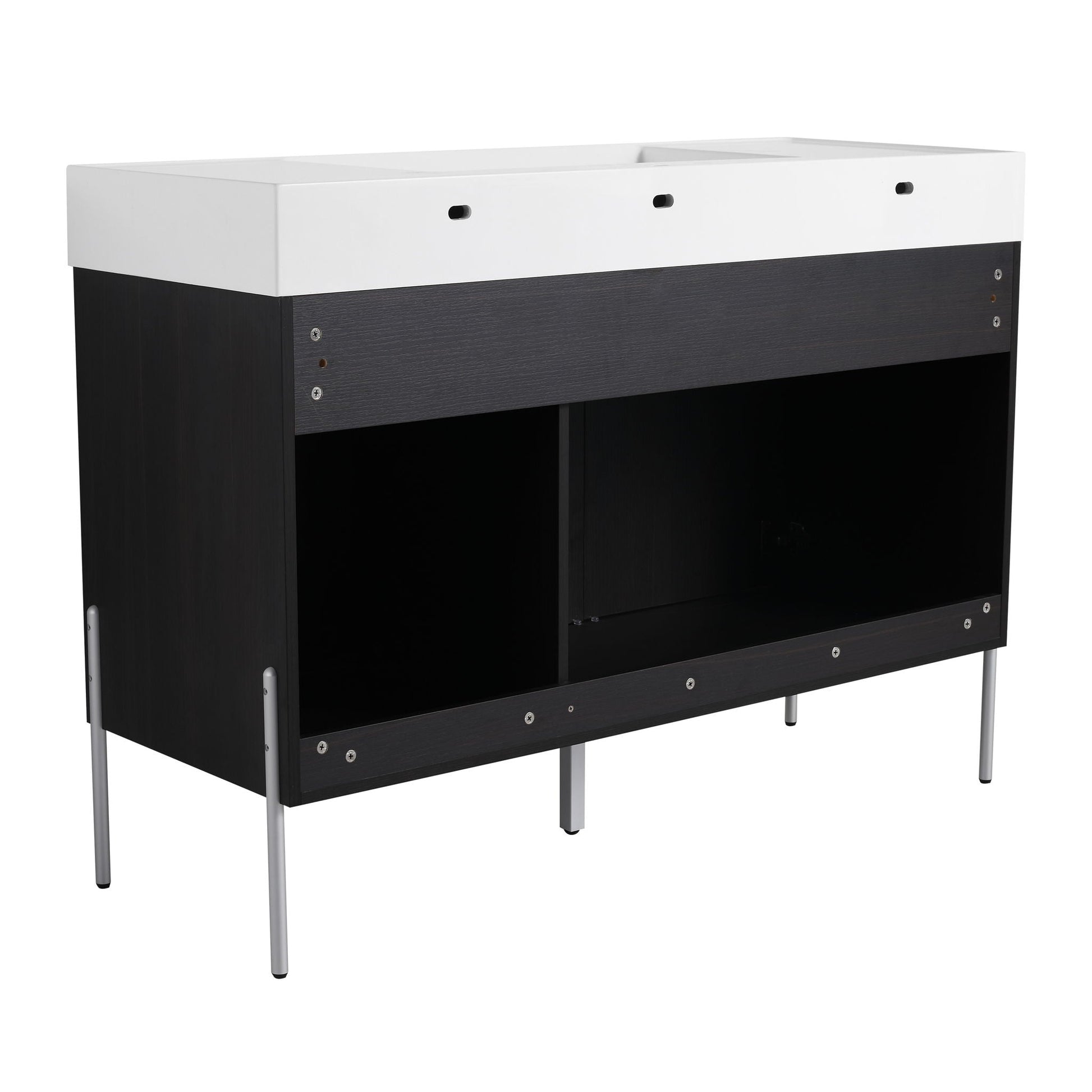 Freestanding vanity with white top and dark wood storage cabinet, open shelf and metal legs on Tampa Home & Garden Store