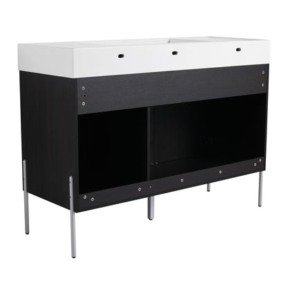 Freestanding vanity with white top and dark wood storage cabinet, open shelf and metal legs on Tampa Home & Garden Store