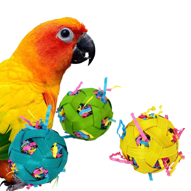 Natural Bamboo Woven Toy Ball foraging bird toy; three colorful balls with shredded paper on Tampa Home & Garden Store