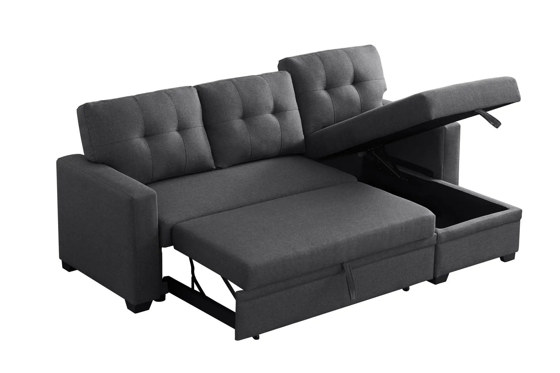 Upholstered sleeper sectional with chaise in dark gray fabric, tufted cushions on Tampa Home & Garden Store