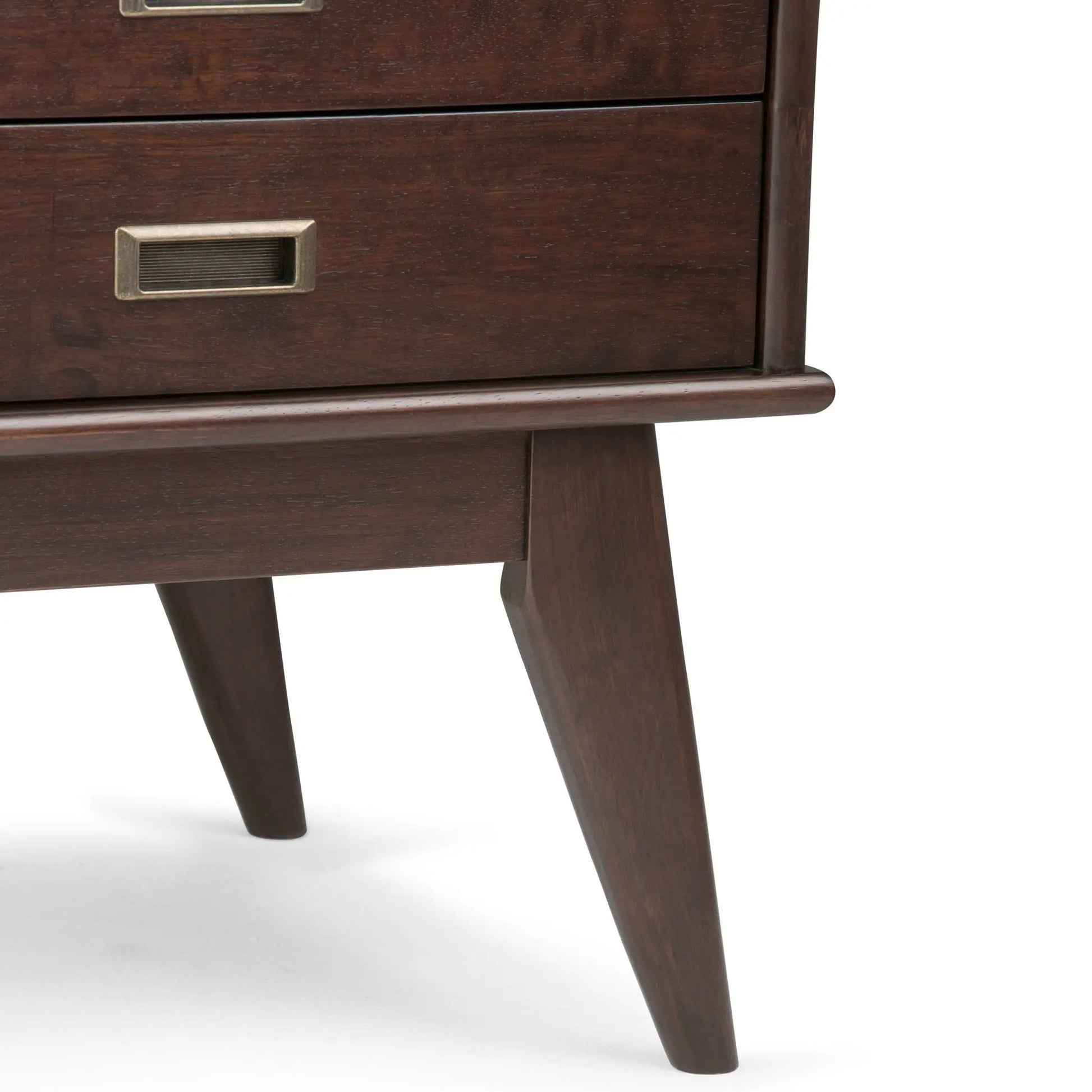 Draper Handcrafted End Table in dark walnut with brass drawer pulls and angled legs on Tampa Home & Garden Store