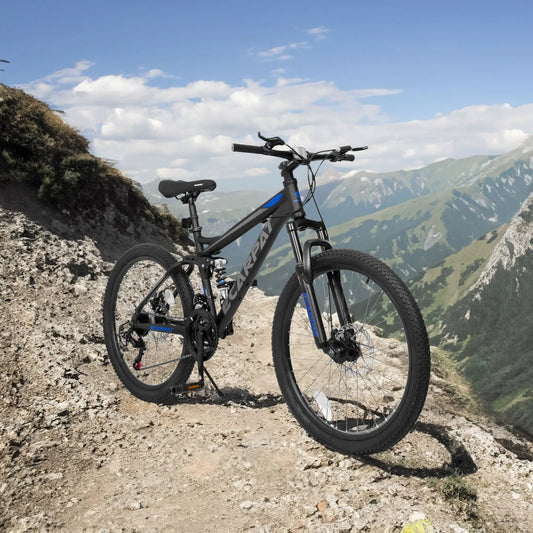 Black mountain bike with blue accents, 26-inch wheels and disc brakes on a rocky mountain trail on Tampa Home & Garden Store