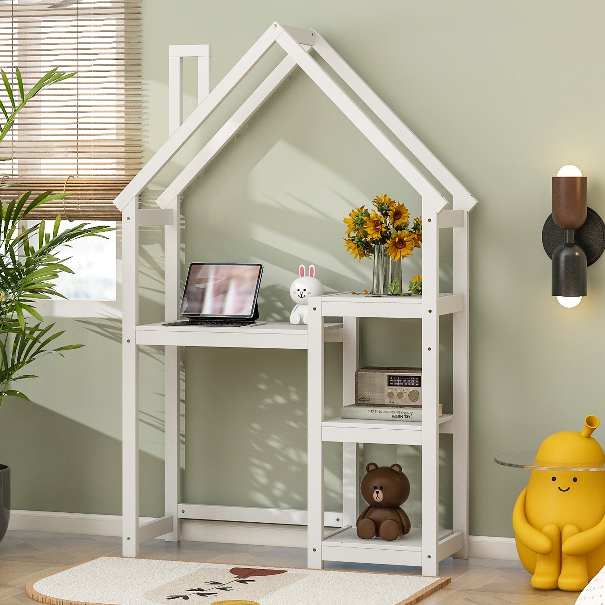 House-shaped Wooden writing Desk,Kids study Table,Bookshelf & Toy Storage,White - Tampa Home & Garden Store