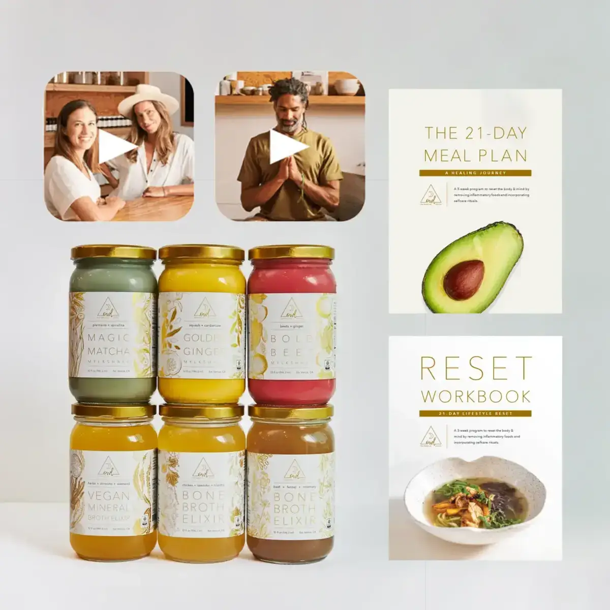 The OWL Reset 21-Day Organic Cleanse Kit with six colorful OWL Venice broth jars on Tampa Home & Garden Store