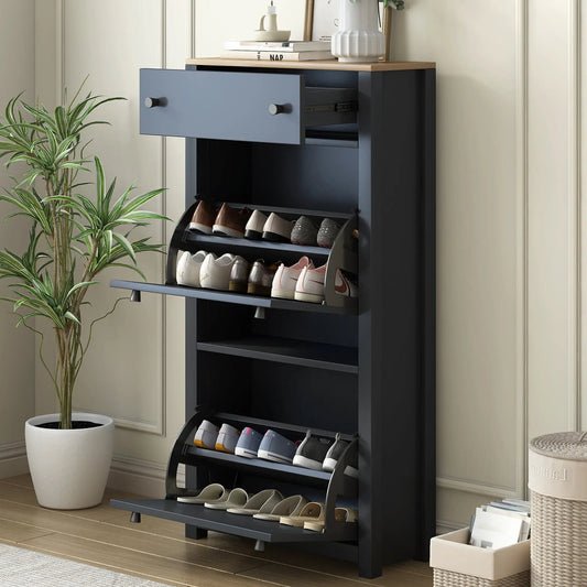 Ontrend Entryway Shoe Cabinet with 2 Flip Drawers in dark blue with a wood top on Tampa Home & Garden Store