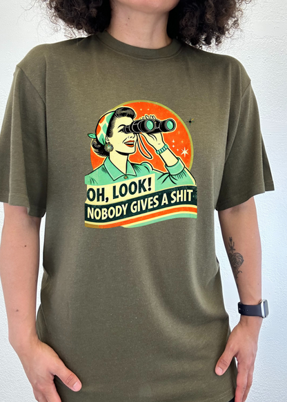 Unisex bamboo/cotton graphic T-shirt in olive green with retro binoculars print by Spun Bamboo on Tampa Home & Garden Store