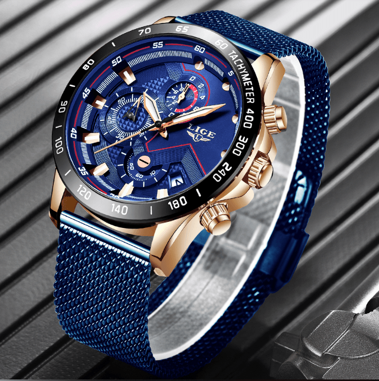 Men's sports waterproof watch with blue dial and stainless steel bracelet, tachymeter bezel on Tampa Home & Garden Store
