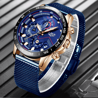 Men's sports waterproof watch with blue dial and stainless steel bracelet, tachymeter bezel on Tampa Home & Garden Store