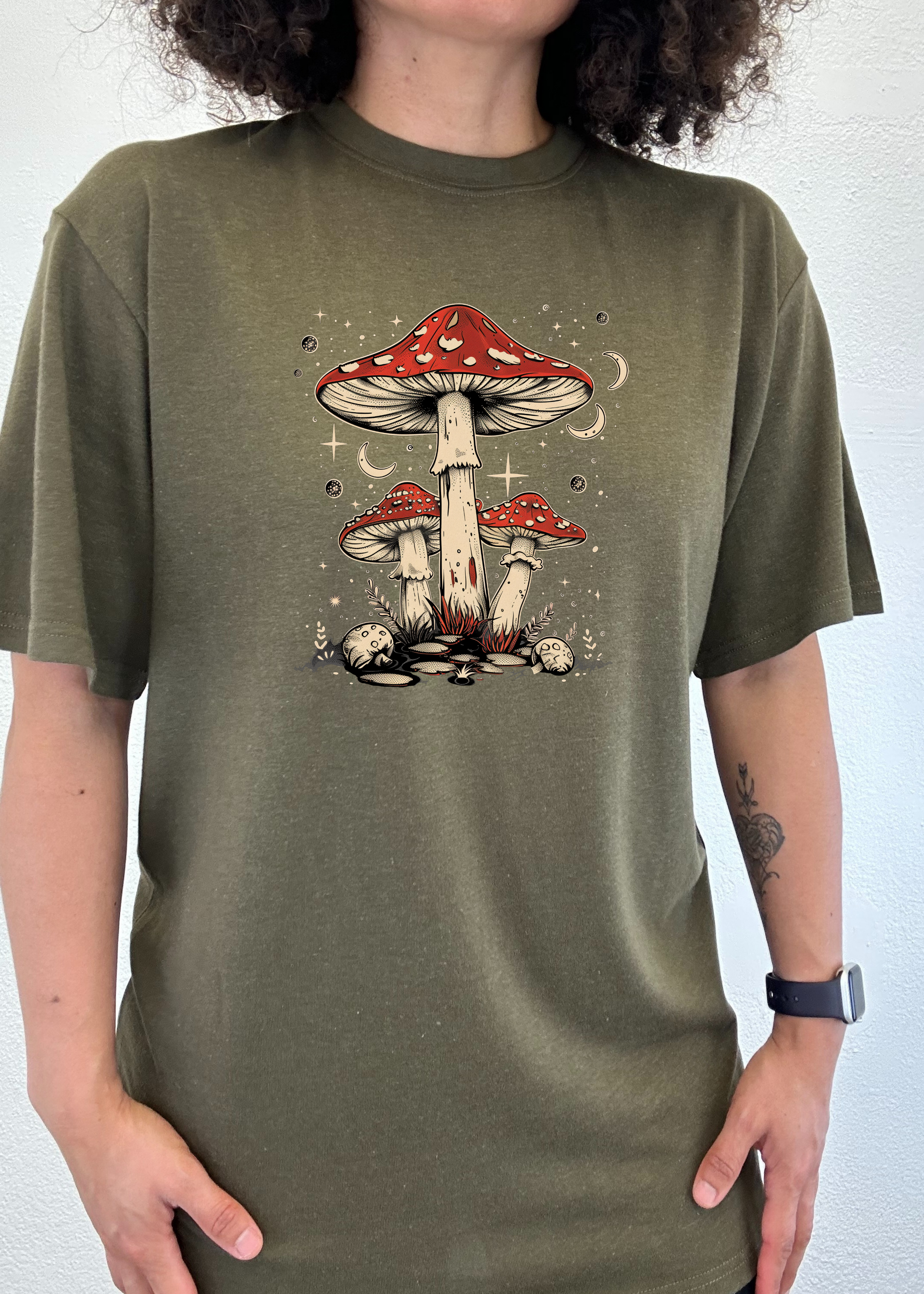 Mens printed olive green bamboo/cotton T-shirt with boho mushroom graphic by Spun Bamboo on Tampa Home & Garden Store