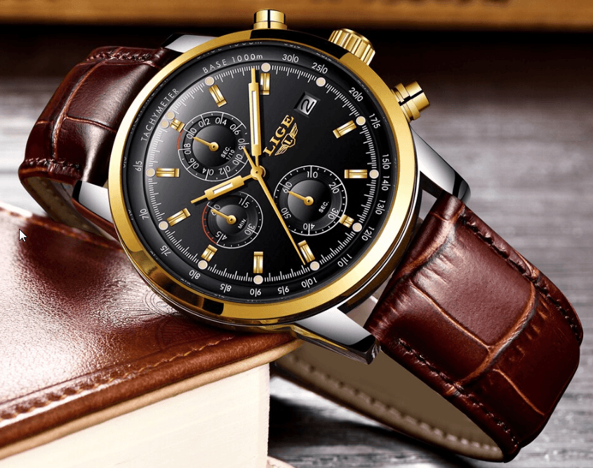 Stevvex men's waterproof chronograph watch black dial gold bezel brown leather strap on Tampa Home & Garden Store