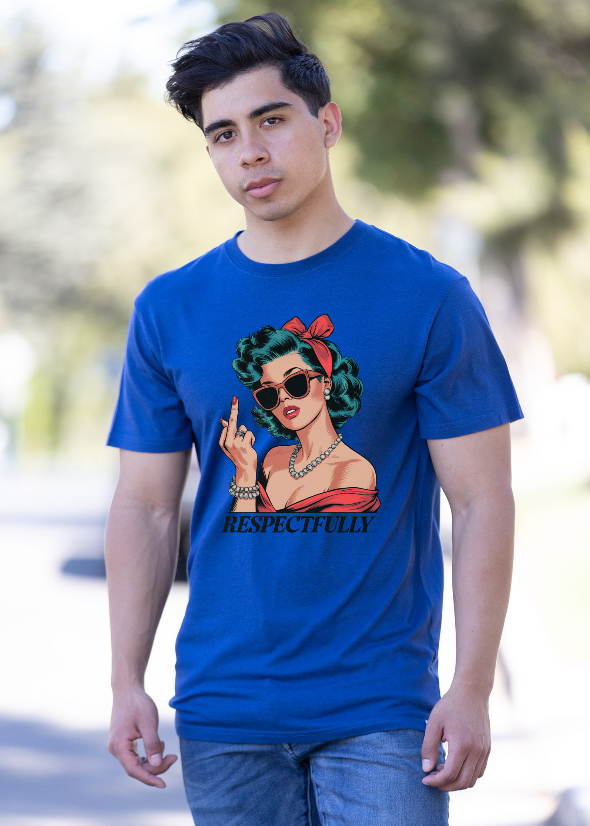 Unisex bamboo/cotton graphic T-shirt in blue with woman wearing shades and pearls, Spun Bamboo on Tampa Home & Garden Store