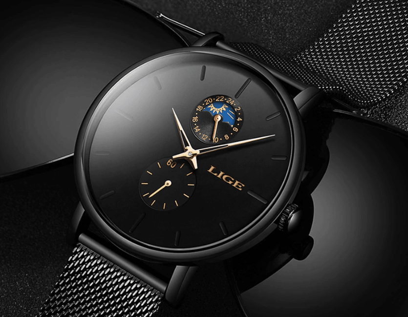 Women's black LIGE chronograph watch with braided stainless steel bracelet waterproof on Tampa Home & Garden Store