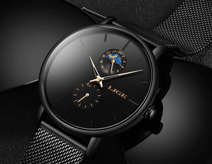 Women's black LIGE chronograph watch with braided stainless steel bracelet waterproof on Tampa Home & Garden Store