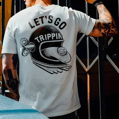 White cotton graphic T-shirt with helmet and tongue LET'S GO TRIPPIN by BikerZoneZ on Tampa Home & Garden Store
