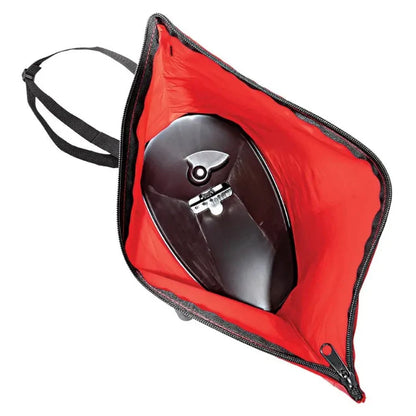Earthway Over Shoulder Bag Spreader red bag holding a black spreader Rivendell Distribution on Tampa Home & Garden Store