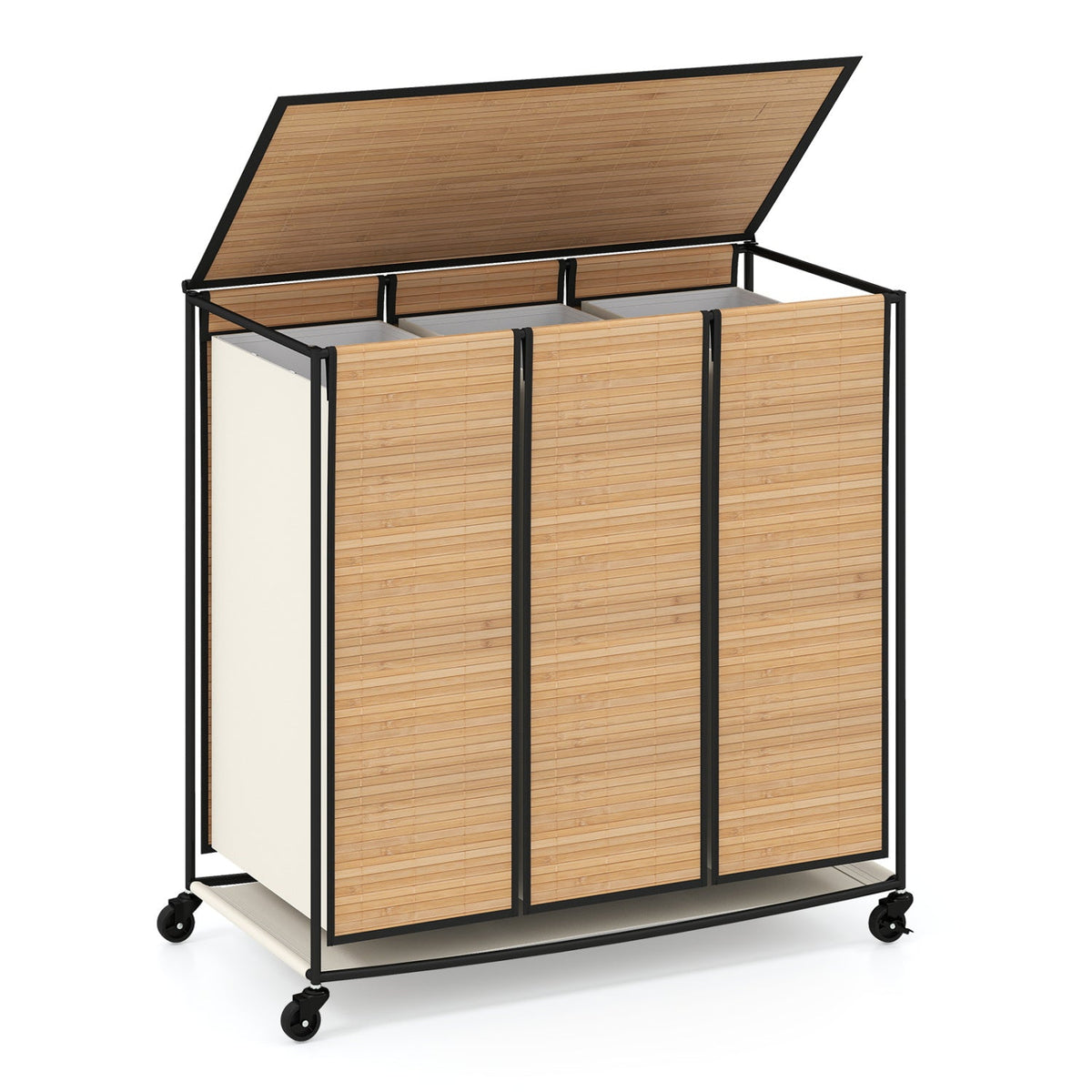 3-Section Laundry Hamper with Lid & Wheels, bamboo panels, black frame, 21.4 Gal DirectDeals on Tampa Home & Garden Store
