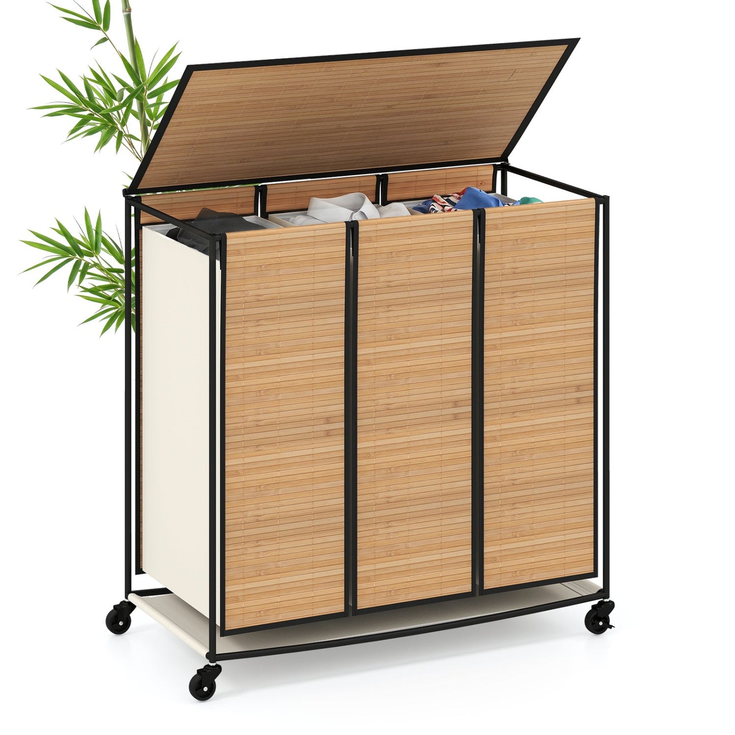 3-Section Laundry Hamper with Lid and Wheels, 21.4 Gal, bamboo panels, black frame on casters on Tampa Home & Garden Store