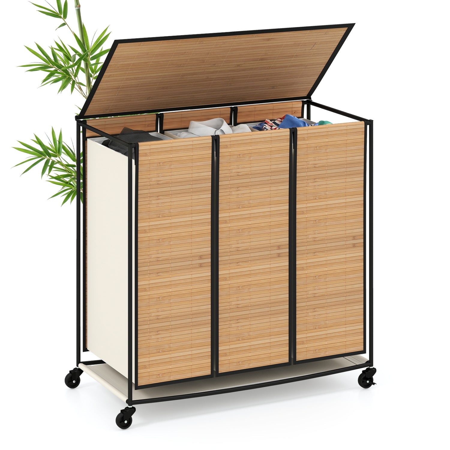 3-Section Laundry Hamper with Lid and Wheels, 21.4 Gal, bamboo panels, black frame on casters on Tampa Home & Garden Store