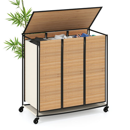 3-Section Laundry Hamper with Lid and Wheels, 21.4 Gal, bamboo panels, black frame on casters on Tampa Home & Garden Store