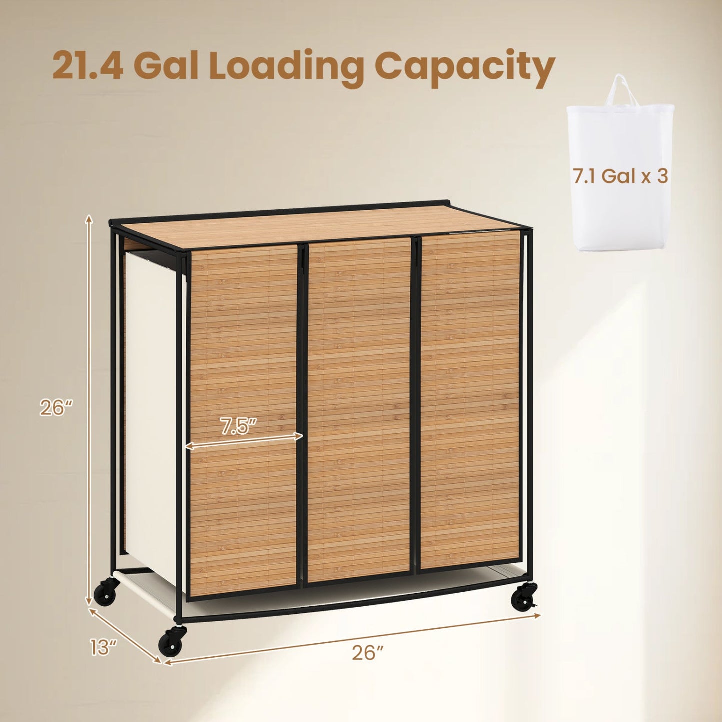 3-Section Laundry Hamper with Lid & Wheels, 21.4 Gal, bamboo panels on black frame on Tampa Home & Garden Store