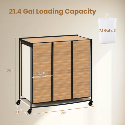 3-Section Laundry Hamper with Lid & Wheels, 21.4 Gal, bamboo panels on black frame on Tampa Home & Garden Store