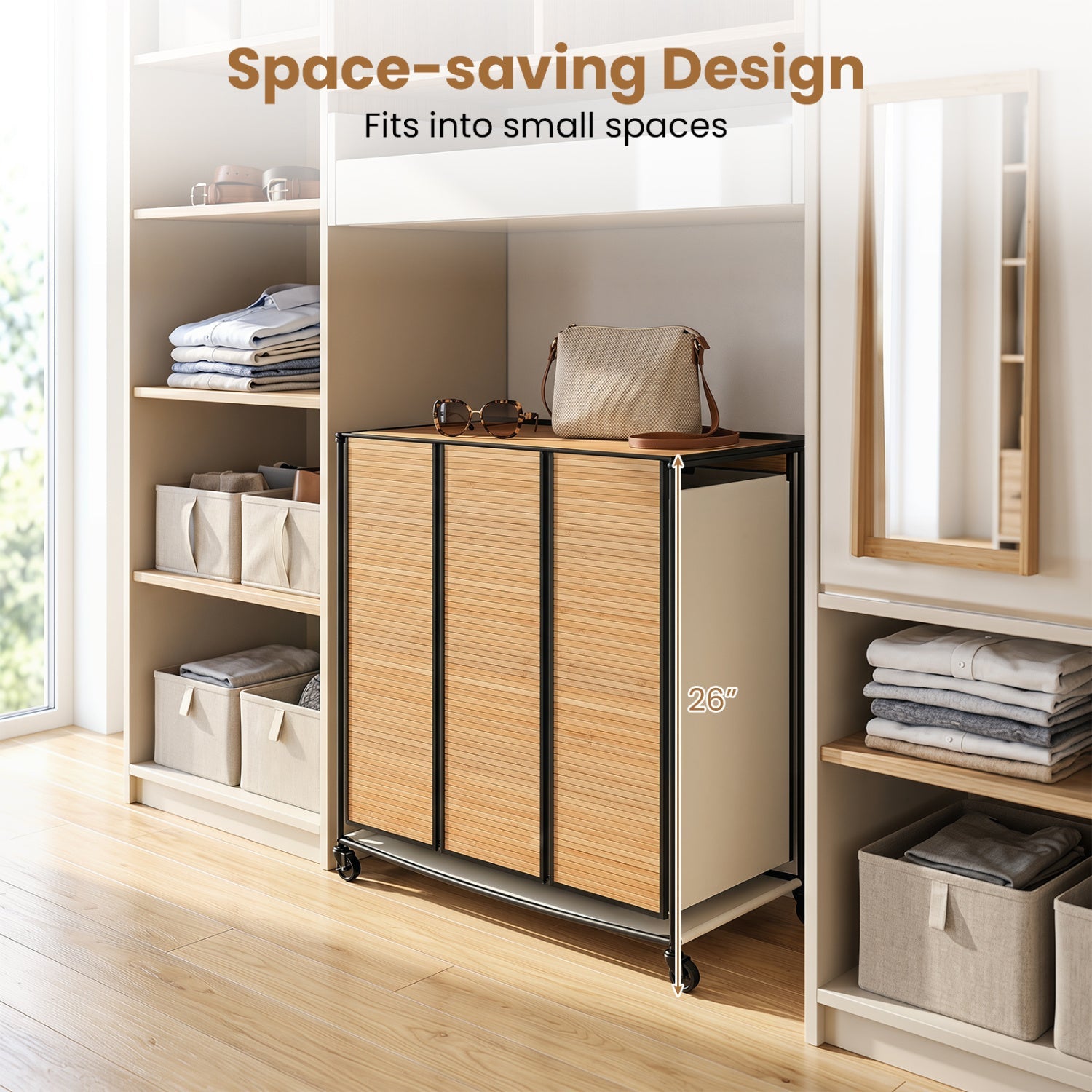 3-Section Laundry Hamper with Lid on wheels by DirectDeals, bamboo slat panels 21.4 gal on Tampa Home & Garden Store